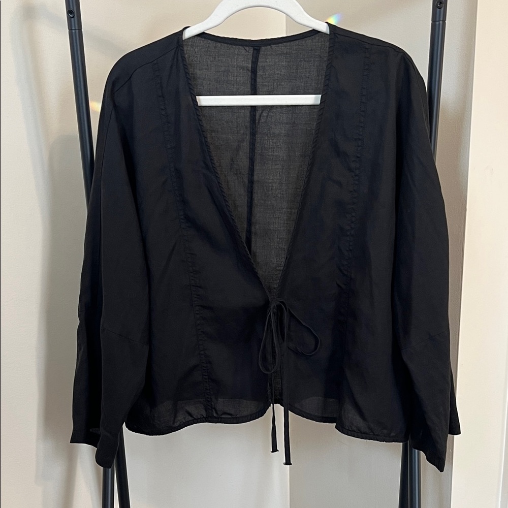 Minimalist Tie-Front Linen Blend Sheer Shirt